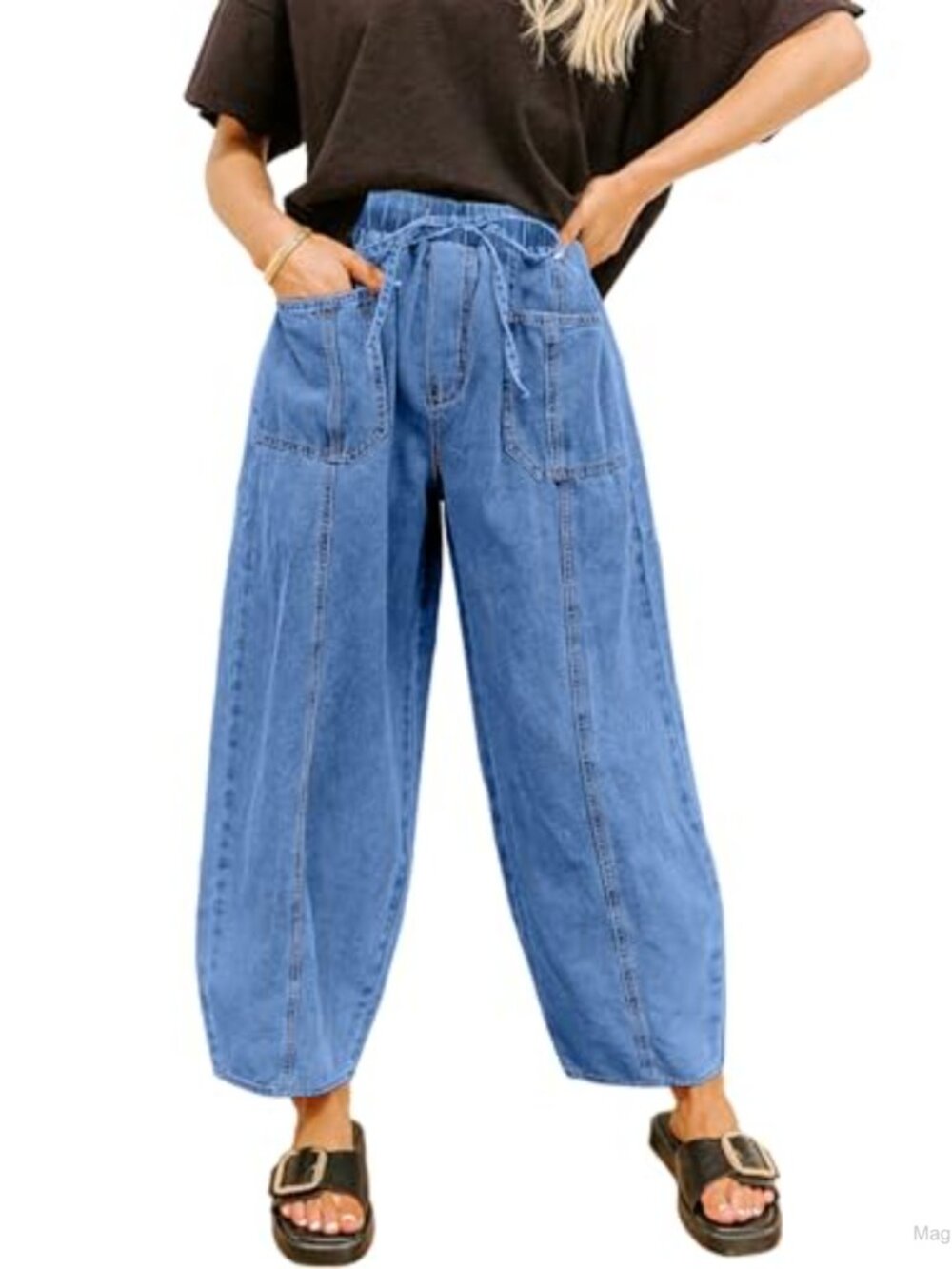 Women's Stretch Denim Barrel Jeans with Drawstring Waist